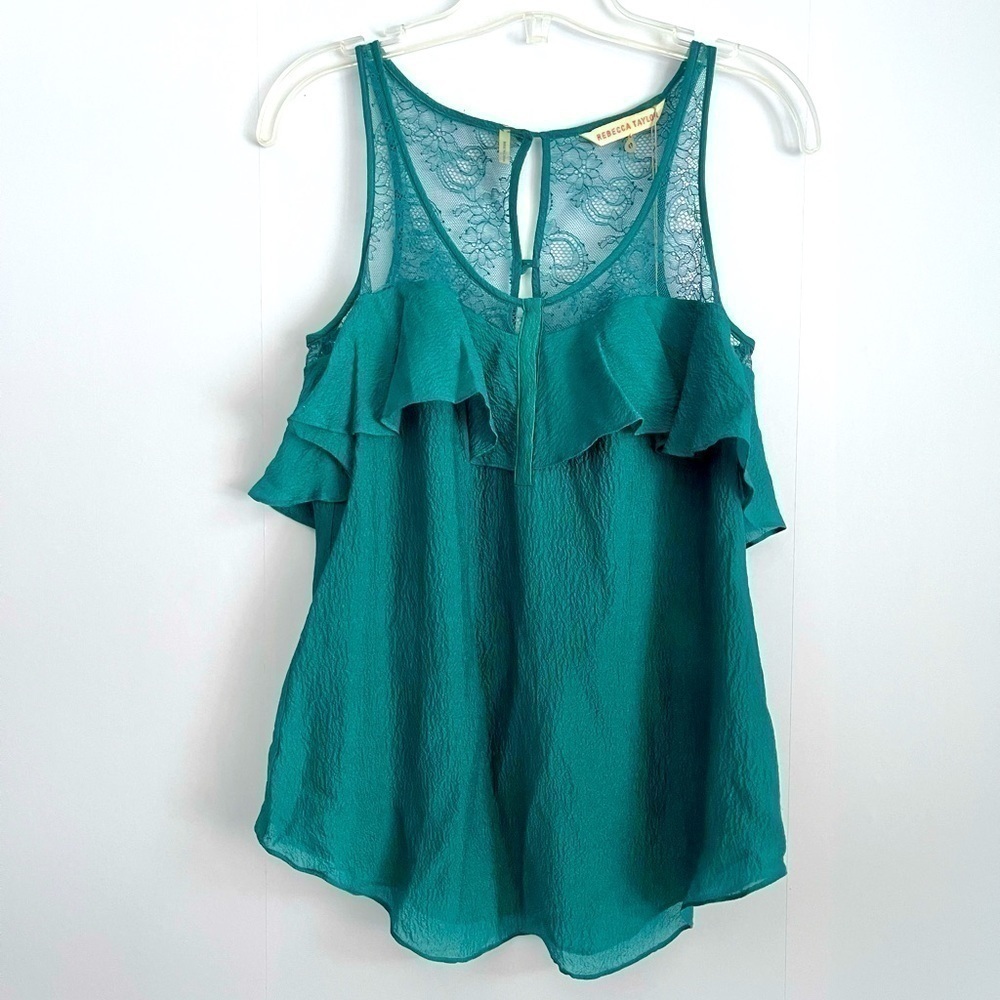 new Rebecca Taylor Teal Silk Lace Ruffled Flounce Sleeveless Top US 0